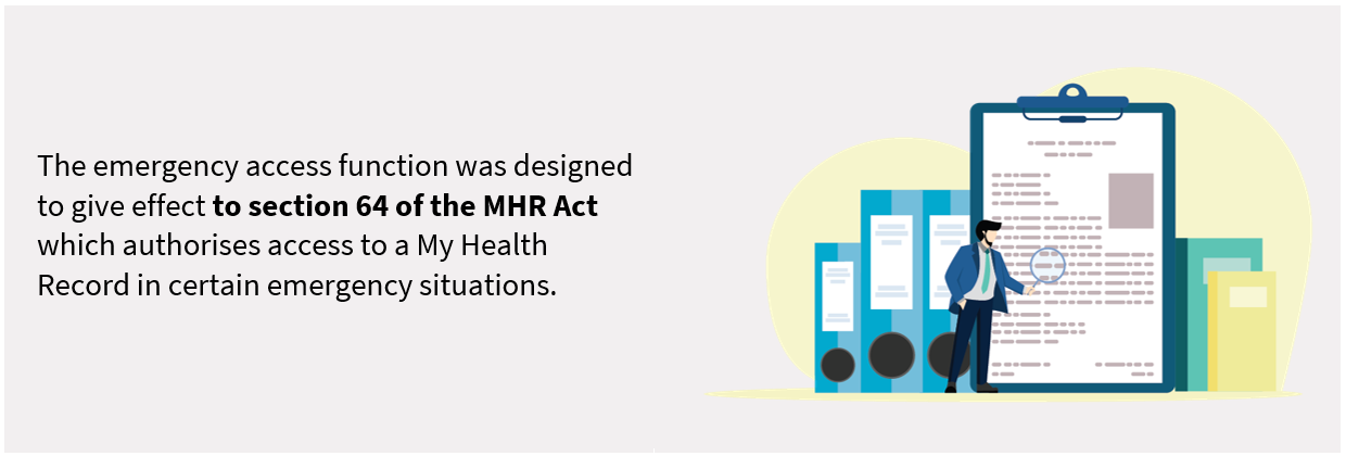 The emergency access function was designed to give effect to section 64 of the MHR Act which authorises access to a My Health Record in certain emergency situations. 