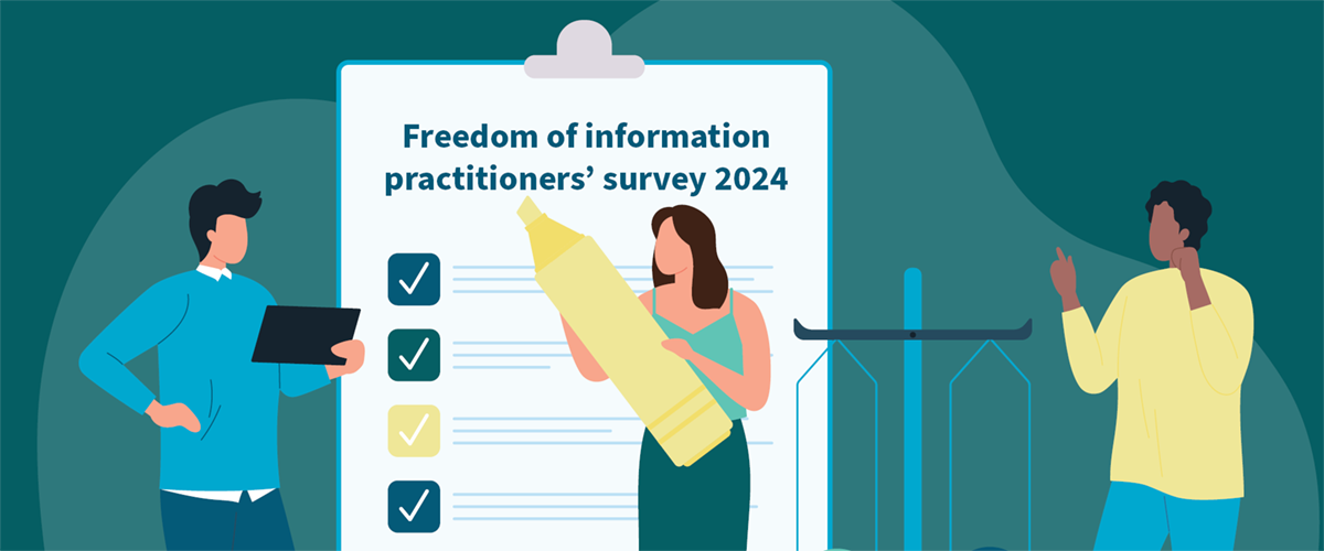 Illustration of 3 people in front of a checklist titled 'Freedom of information practitioners' survey 2024'