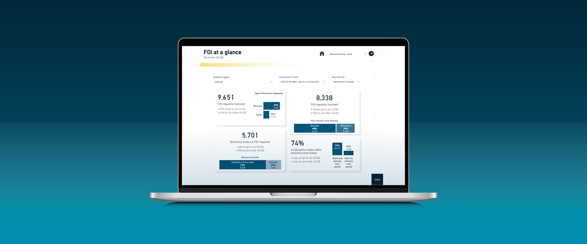 Laptop showing FOI at a glance figures from the Australian Government FOI statistics dashboard